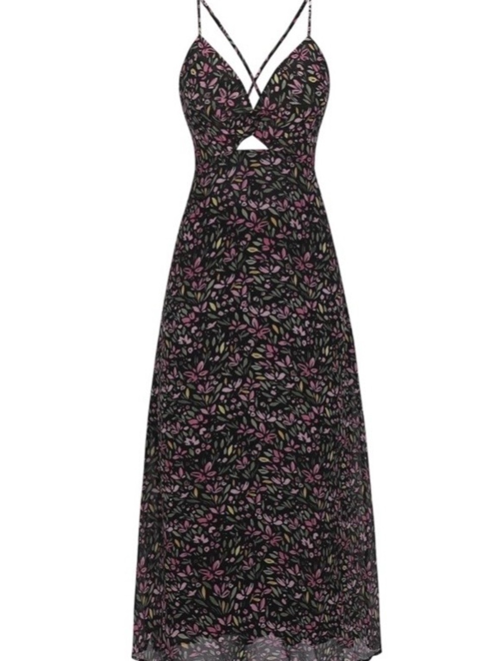 Zaful Black Floral Maxi Dress with Pink and Green Leaf Motif